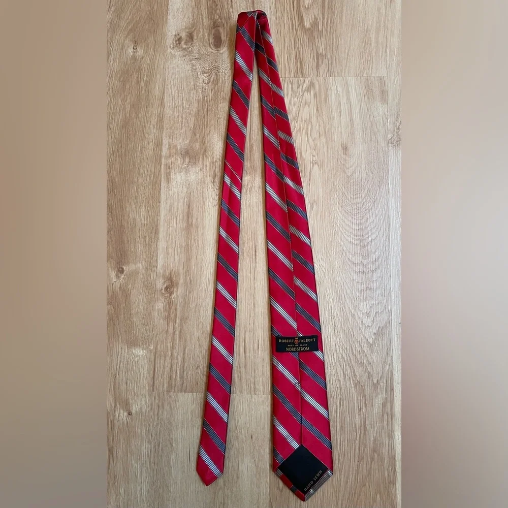 Nordstrom silk tie Robert Talbott Red gray Striped hand sewn retails $175